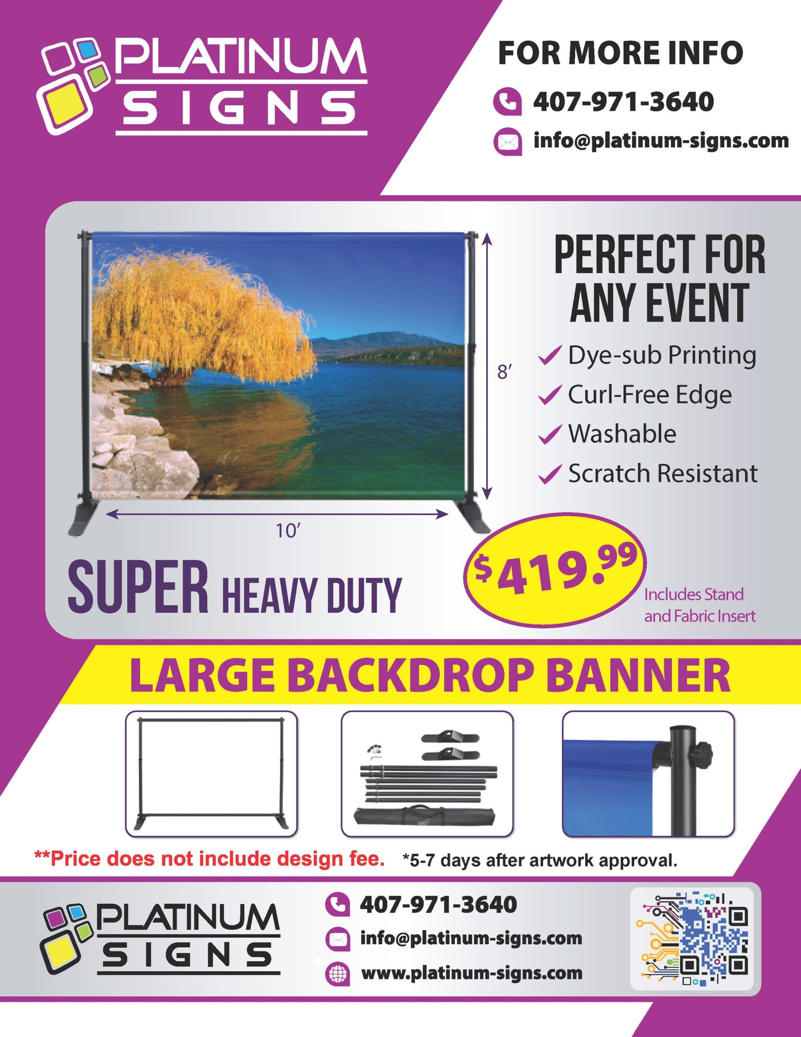 Large 10x8 backdrop banner by Platinum Signs featuring a scenic lake image. Includes price, contact info, and specifications such as dye-sub printing, curl-free edge, washable, and scratch-resistant material