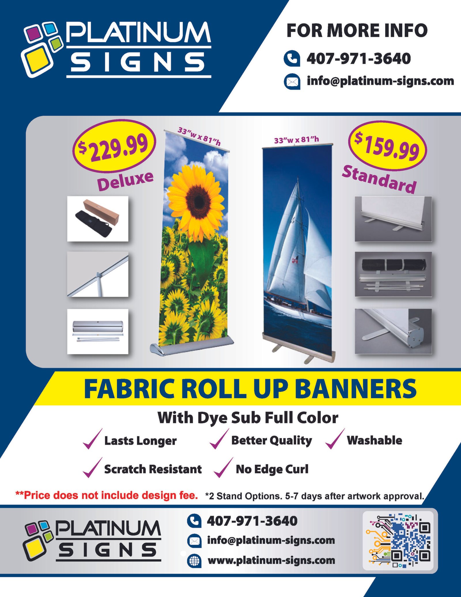 Large 10x8 backdrop banner by Platinum Signs featuring a scenic lake image. Includes price, contact info, and specifications such as dye-sub printing, curl-free edge, washable, and scratch-resistant material