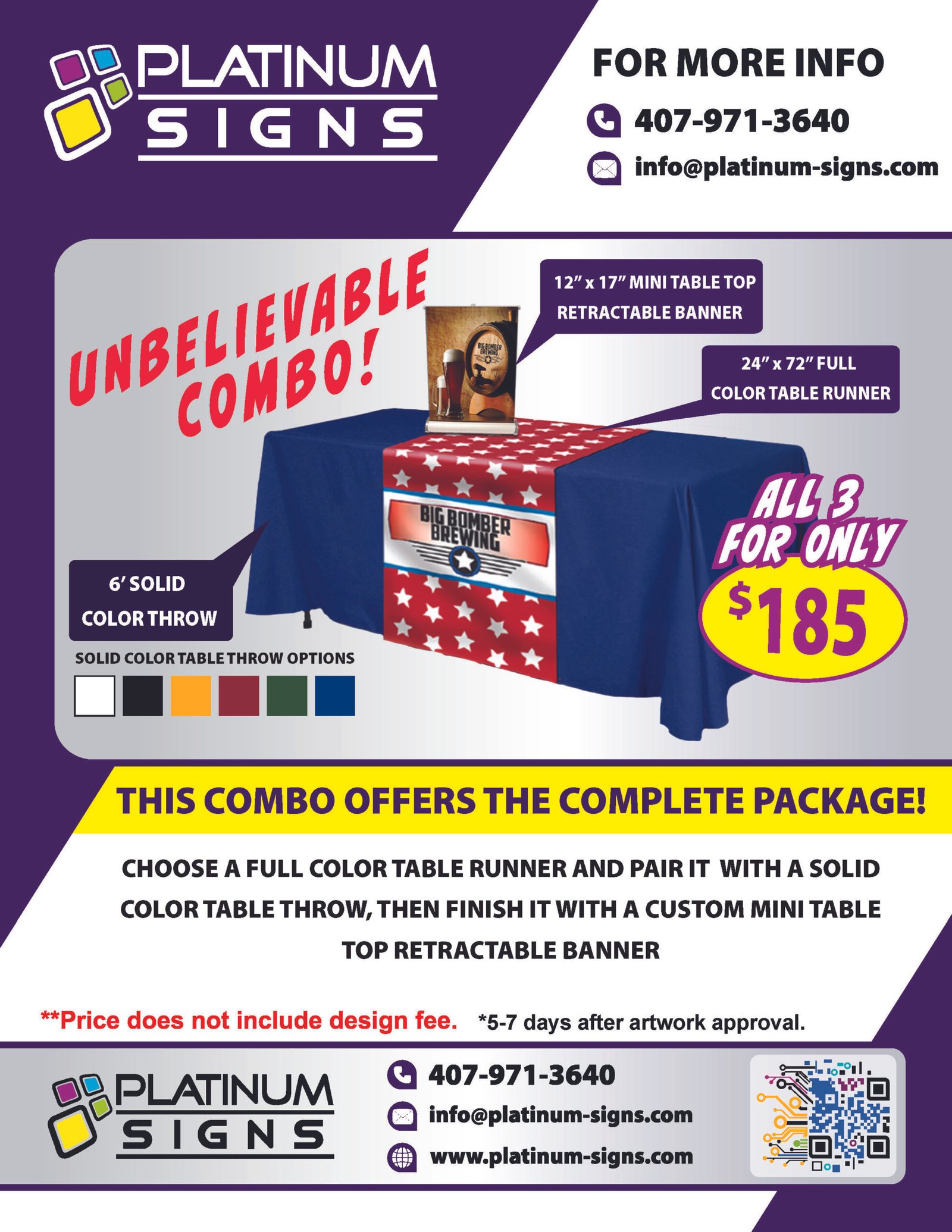 Large 10x8 backdrop banner by Platinum Signs featuring a scenic lake image. Includes price, contact info, and specifications such as dye-sub printing, curl-free edge, washable, and scratch-resistant material