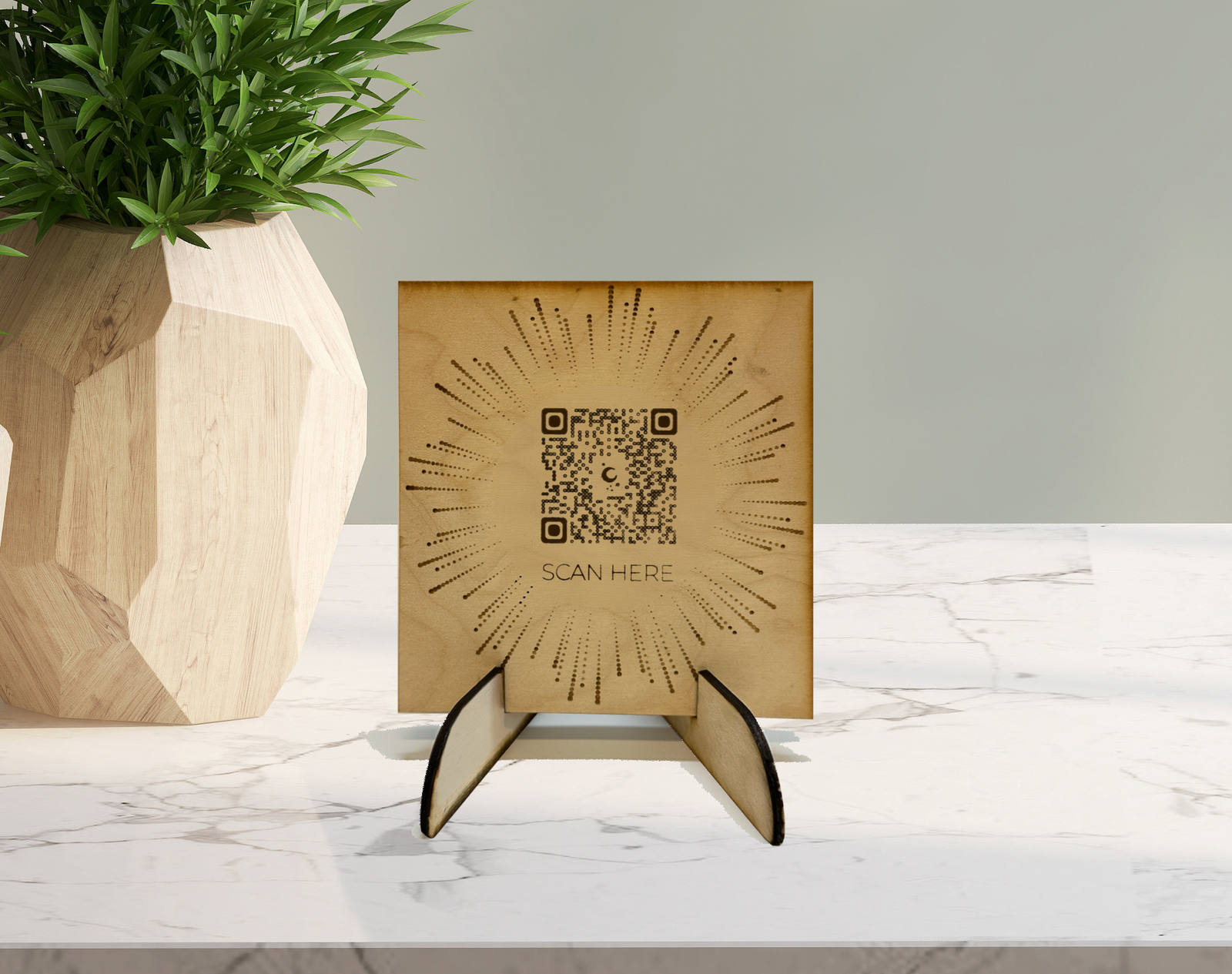 Laser engraved custom promotional item for events, tradeshows, display, qr code wooden plaque on stand