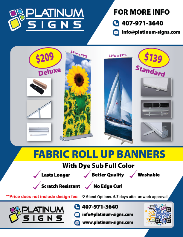 Large 10x8 backdrop banner by Platinum Signs featuring a scenic lake image. Includes price, contact info, and specifications such as dye-sub printing, curl-free edge, washable, and scratch-resistant material